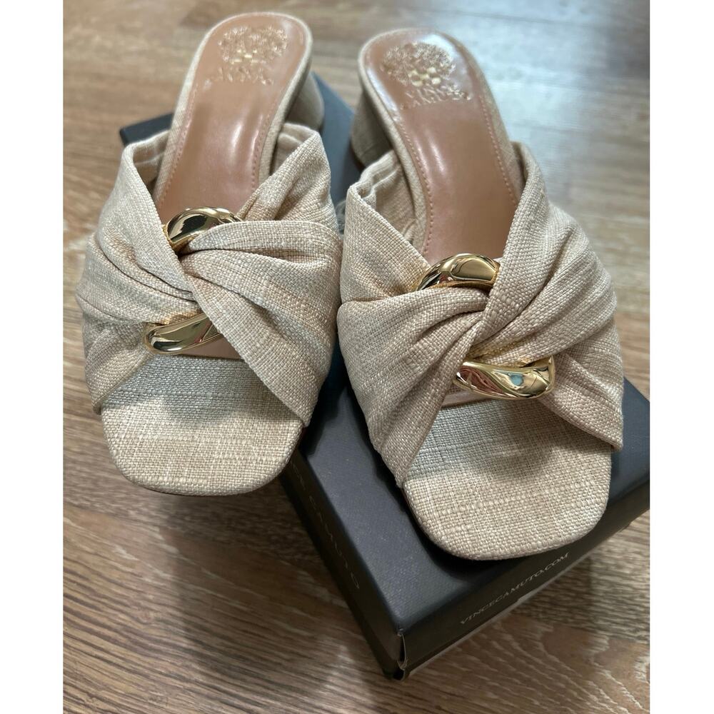 Vince Camuto Liane Natural Linen Raffia Slide Sandals Gold Ring Round Heel New 9 - Picture 2 of 14